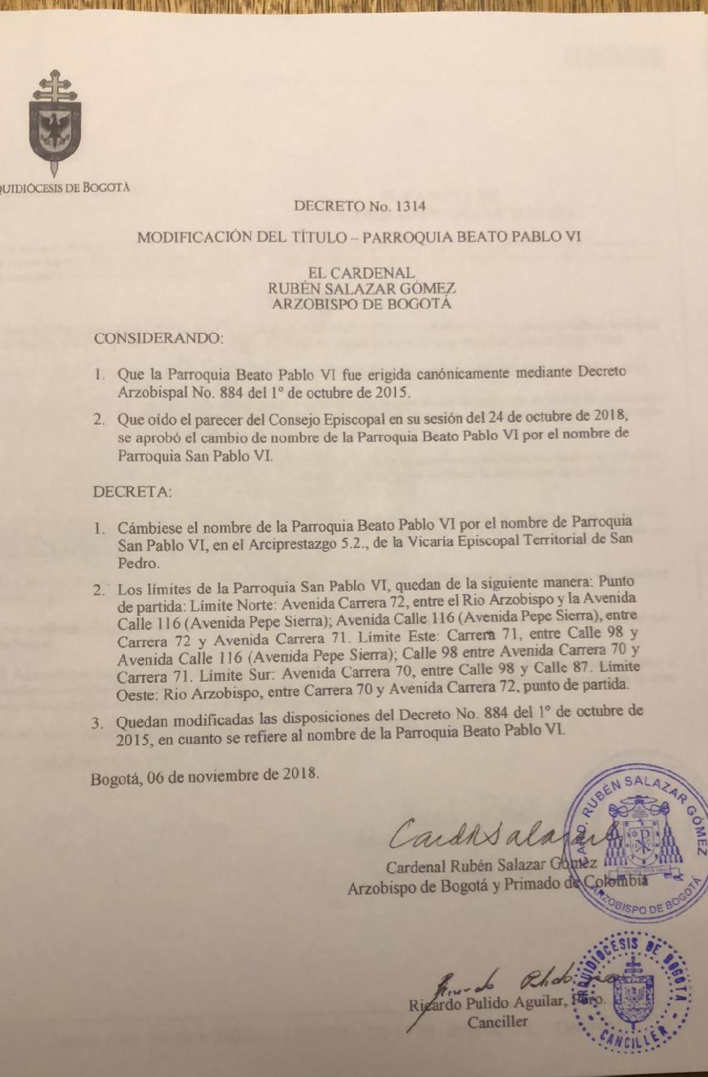 Decreto No. 1341 de 24 de Octubre de 2018 del Consejo Episcopal Decreto No. 1341
